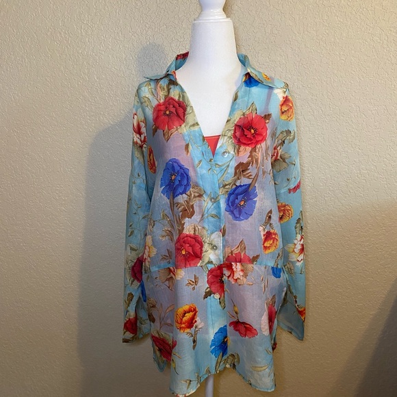 Umgee Turquoise Sheer Floral Blouse - Picture 3 of 11